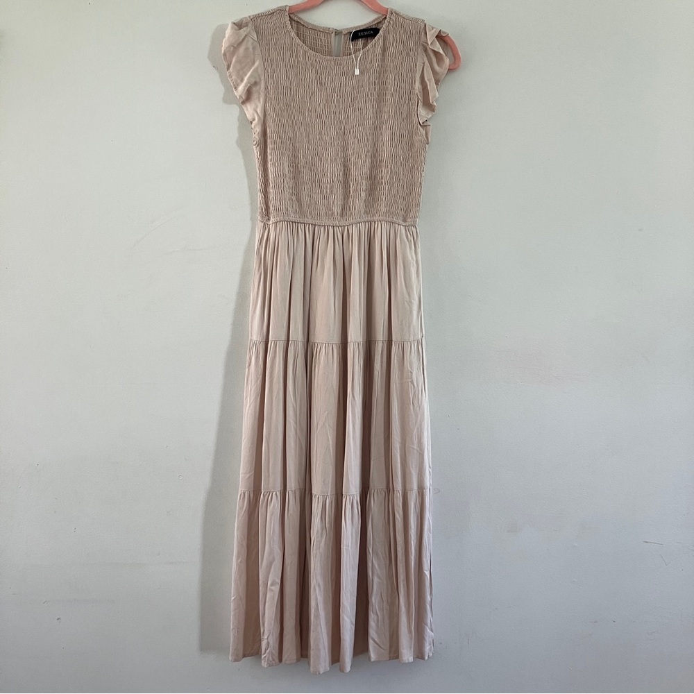 Champagne Ivory Cream Smocked Maxi Dress with Ruffle Sleeves